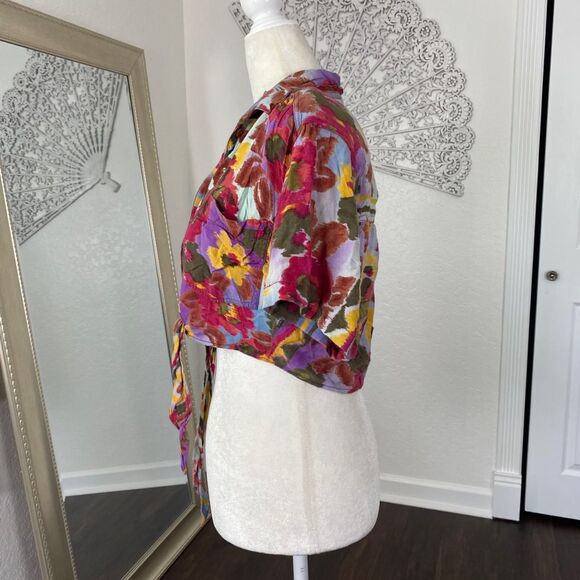 Vintage 90s 1991 Colorful Boho Hippie Floral Flower Front Tie Crop Top Blouse S - Picture 4 of 7